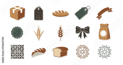 Vintage bakery icons set with tags, bows, and decorative elements
