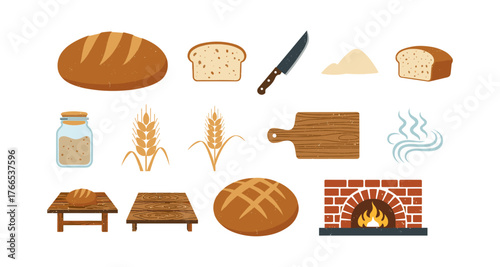 Rustic bakery elements: bread, wheat, and brick oven icons for culinary designs
