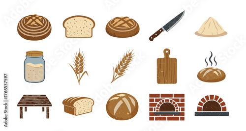 Rustic bakery elements with sourdough and brick oven illustrations