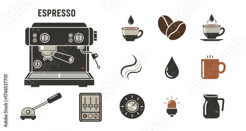 Retro espresso machine and coffee icons set with vintage coffee elements