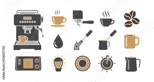 Retro coffee icons set featuring espresso machine and brewing tools in vintage style