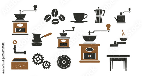Vintage coffee grinding tools and accessories in rustic silhouette style