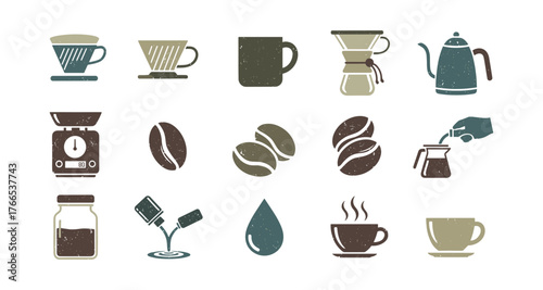 Retro coffee elements collection featuring cups, beans, and pouring kettle in vintage style