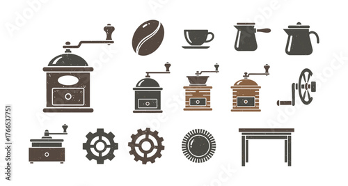 Retro coffee equipment icons featuring grinders and accessories in vintage style