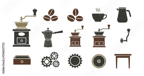 Vintage coffee equipment icons featuring grinders, beans, and cups