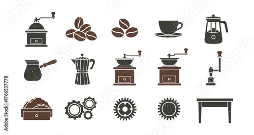 Vintage coffee equipment collection with grunge style elements and coffee beans