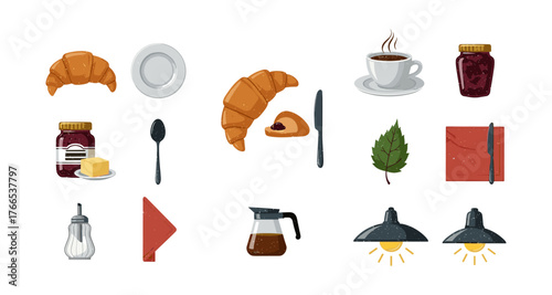 Breakfast elements collection: coffee, croissant, and jam with kitchen utensils