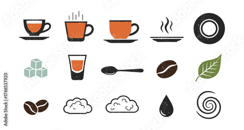 Coffee and tea icons with grunge effect and minimalist style