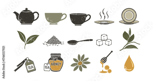 Vintage tea and honey elements with rustic texture for beverage concepts