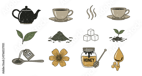 Rustic tea and honey elements with teapot, cup, and natural ingredients