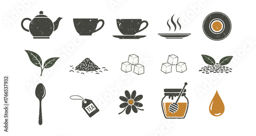 Rustic tea elements with teapot, cups, leaves, and honey jar in vintage style