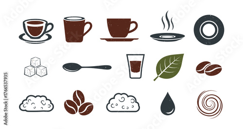 Coffee icons set: rustic style with cups, beans, and leaves