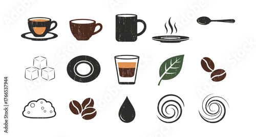 Rustic coffee icons set featuring cups, beans, and accessories