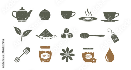 Rustic tea set with vintage elements and honey jars in grunge style