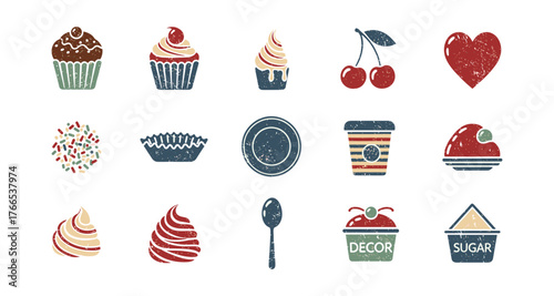 Rustic dessert icons with vintage texture and sweet treat motifs