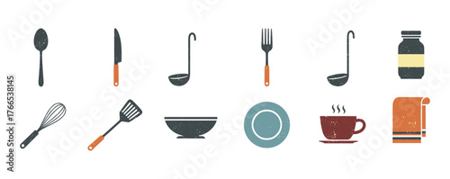 Retro kitchen utensils and dishware icons set in grunge style