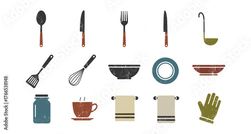 Vintage kitchen icons set: cutlery, utensils, dishes, and towels with rustic style