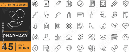 Pharmacy line icon set. Editable stroke. Vector illustration.