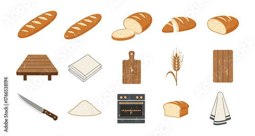 Bread and baking essentials: fresh baguette, sliced loaf, and kitchen tools