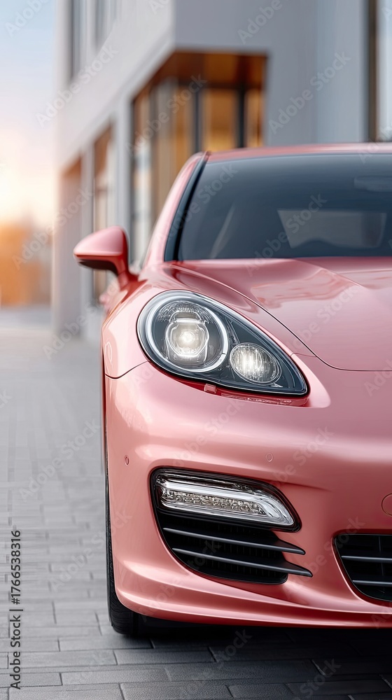 Fototapeta premium Close Up Detail Photo Of A Salmon Pink Luxury Sports Car Headlight With Modern Architecture In The Background During Golden Hour Lighting