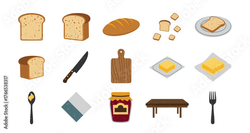 Bread and breakfast essentials: sliced bread, butter, jam, and dining utensils for a perfect morning