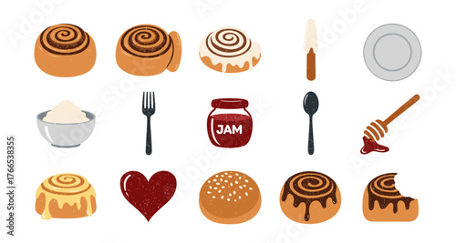 Delicious cinnamon rolls and breakfast essentials on white background