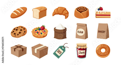 Bakery goods and ingredients icons: cakes, pastries, bread, and packaging