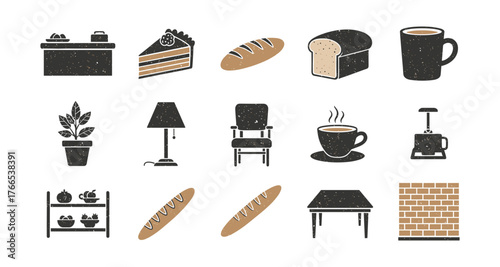 Rustic kitchen and cafe elements in textured silhouette style for home and dining themes