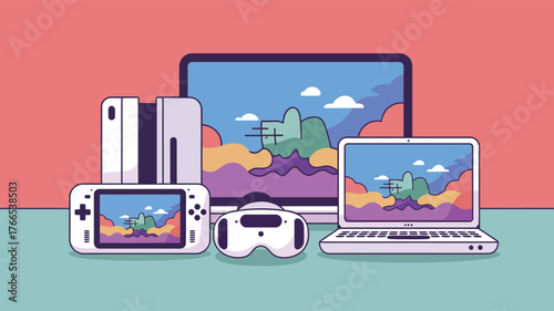 Gaming console laptop virtual reality headset and monitor