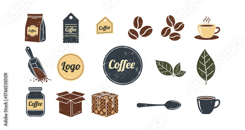 Rustic coffee elements with vintage vibe featuring cups, beans, leaves