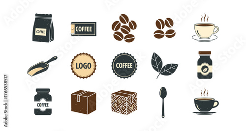 Coffee icons set: cups, beans, packages, and accessories in a flat style