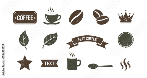 Retro coffee icons set: grunge style logos, cups, beans, and accessories