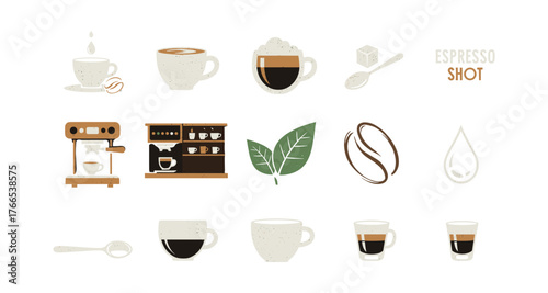 Modern coffee elements collection: cups, beans, machines, and more