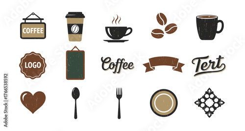 Vintage coffee shop icons set featuring cups, beans, and utensils