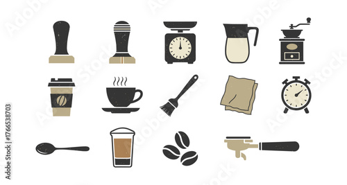 Retro coffee icon set featuring cups, tools, and equipment in vintage style