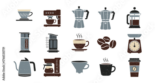 Retro coffee brewing icons and equipment collection for cafes and baristas