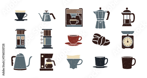Retro coffee equipment icons: brewing with vintage style for cafes and kitchens