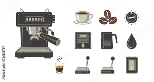 Modern espresso machine set with coffee accessories