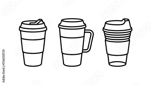 Three distinct modern disposable coffee cups with lids and a handle, perfect for on-the-go beverage branding.