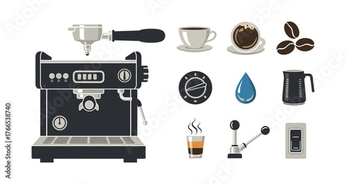 Coffee machine and accessories in vintage style for cafe enthusiasts