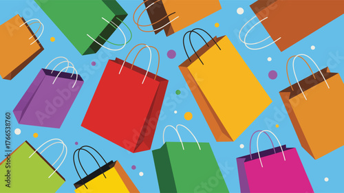 Colorful shopping bags scattered on a blue background