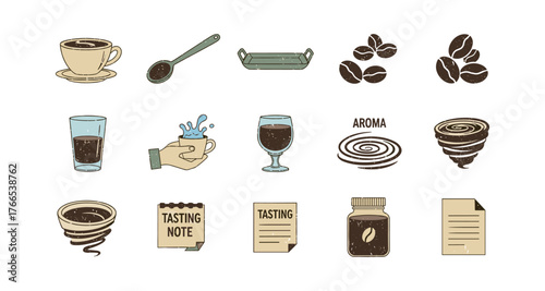 Coffee icons set: cups, beans, tasting notes, and more in vintage style