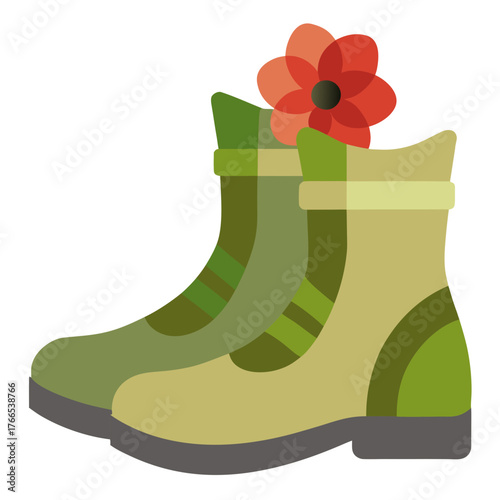 Military Boot with Remembrance Poppy Flower - Symbol of War, Peace, Veterans