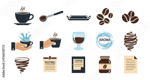 Coffee elements: cups, beans, and aroma icons in flat style