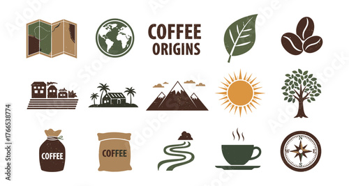 Rustic coffee symbol set with nature and travel themes
