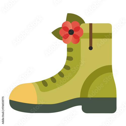 Military Boot with Remembrance Poppy Flower - Symbol of War, Peace, Veterans