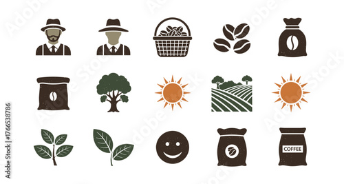 Rustic coffee farm icons featuring farmers, plants, and sun elements