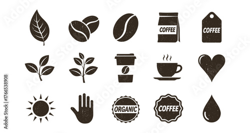 Vintage coffee icons set featuring beans, leaves, and organic labels