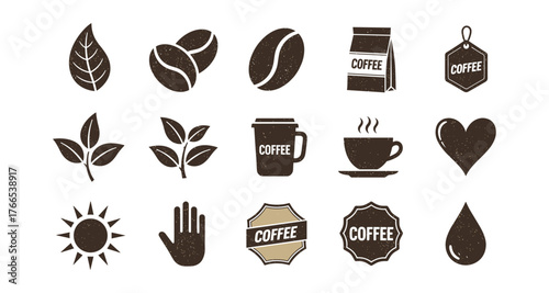 Rustic coffee icon set with textured design elements for cafe branding