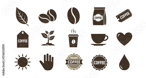 Rustic coffee icons set featuring beans, cups, and badges in vintage style
